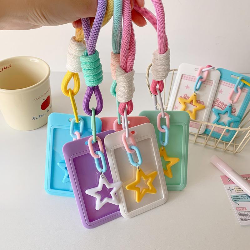 Sliding 3-inch Card Holder with Star Lanyard Candy-colored Card Display Suitable for Students,K-pop Fans Card Storage