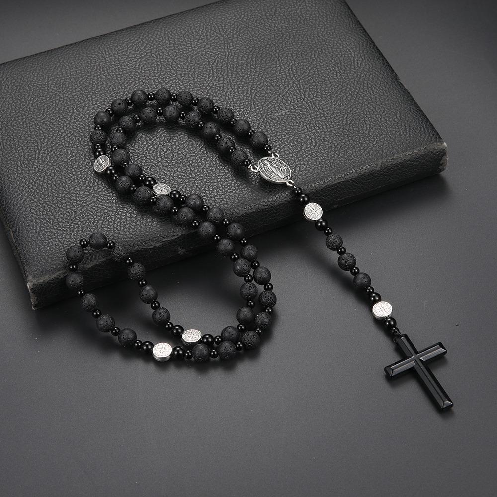 Rosario Nero alla Moda con Perline Rotonde Croce Classica con Ciondolo Regalo Rosario