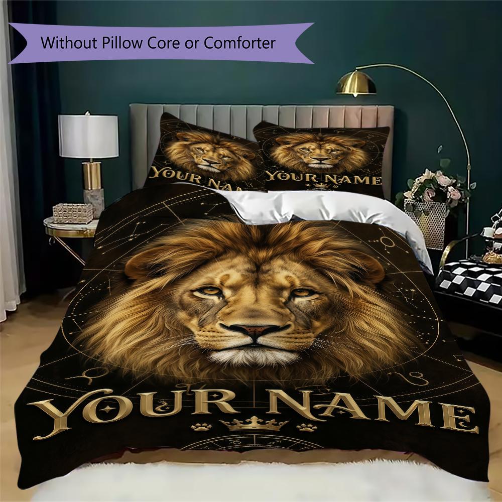 Custom Name Royal Lion Majesty Bedding,Quilt Set Quilt Cover Pillowcase Home Birthday Gift(1 * Duvet Cover + 2 * Pillowcase, Without Core)_lx