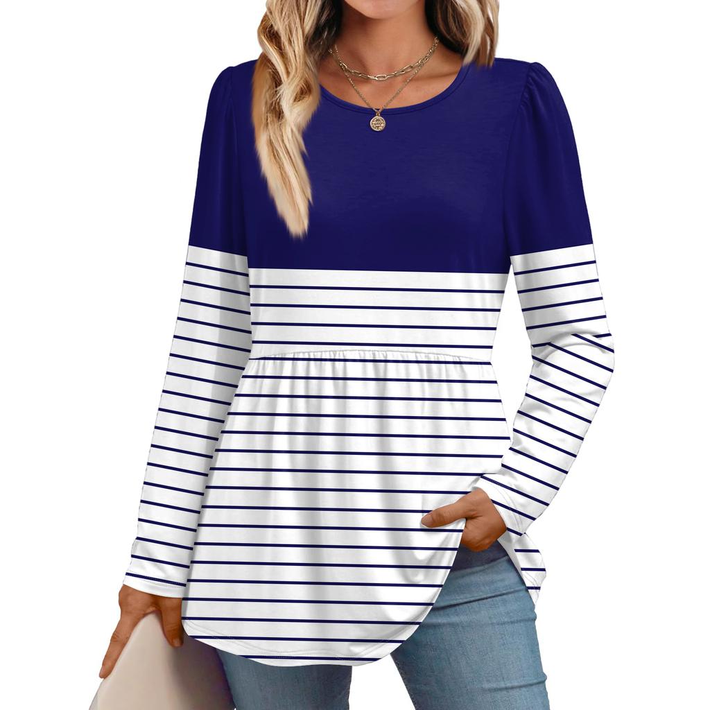 Women's Casual Fashion Long Sleeve Shirt Striped Tunic Top