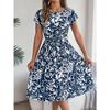 QICED Spring Summer Elegant Floral Short-sleeved Wide-swing Pleated Dress for Women's Wear