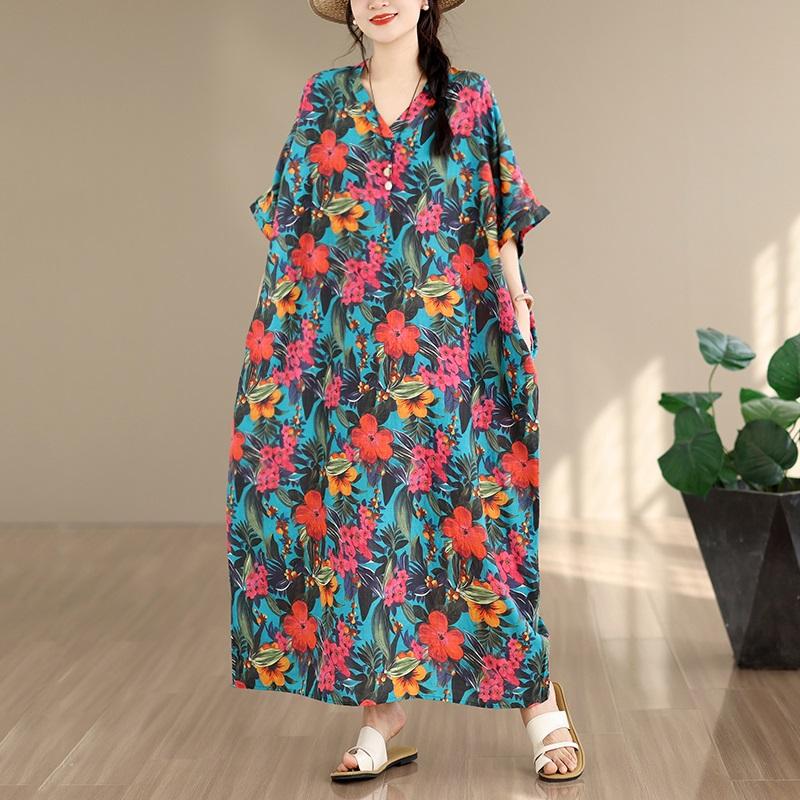 Short Sleeve Plus Size Cotton Vintage Floral New In Dresses for Women Casual Loose Maxi Long Summer Dress