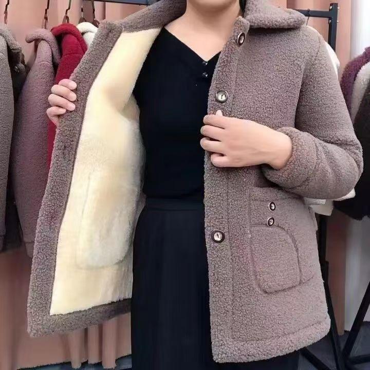 Lambswool Faux Fur Lined Loose Fit Mid-Length Women's Winter Coat, 2025 Autumn/Winter Collection