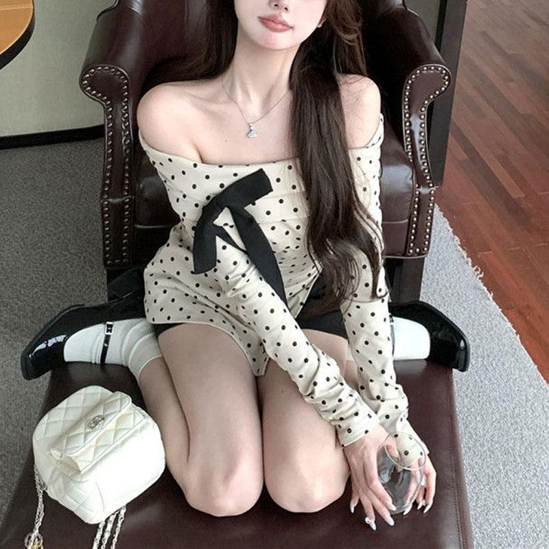 Slash Neck Polka Dot T-shirt Female Clothing Sweet Slim Stylish Bow Spring Autumn Commute Elegant Off Shoulder Split Pullovers