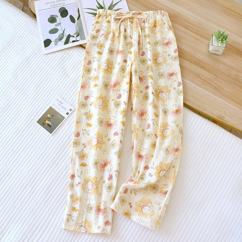 2026 New Spring/Summer Women's Sleeper Pants 100%Cotton Crepe Printed Love Floral Pants Thin Home Pants Bottoms Womens Sleepwear