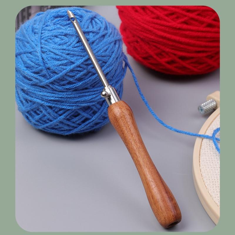 Broderipenna med trähandtag med 3 nålhuvuden och trädare Stansnålsset för broderihantverk Dekoration