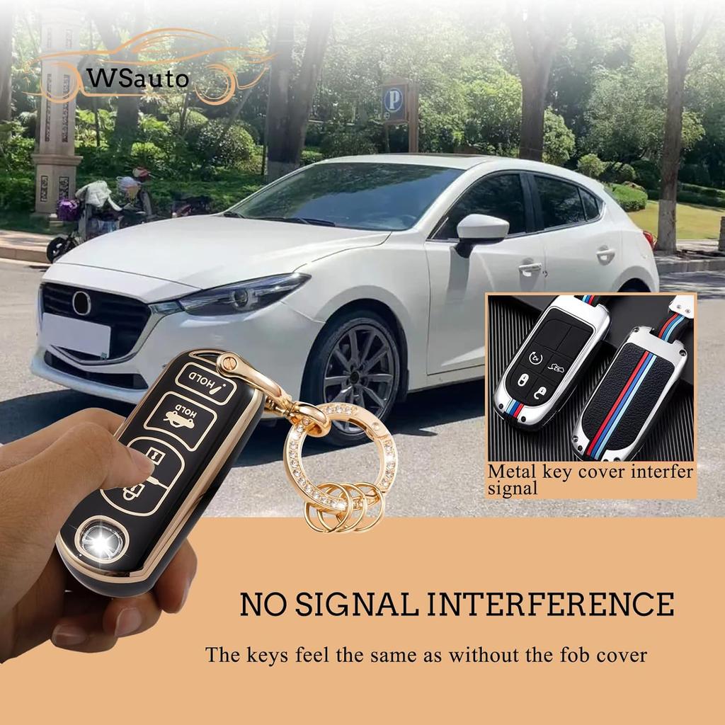 For Mazda Key Fob Cover Soft 3 4 Buttons TPU Protection Car Key Case Shell With Fashion Gold Bling Keychain Compatible With Mazda 3 6 8 Miata MX-5