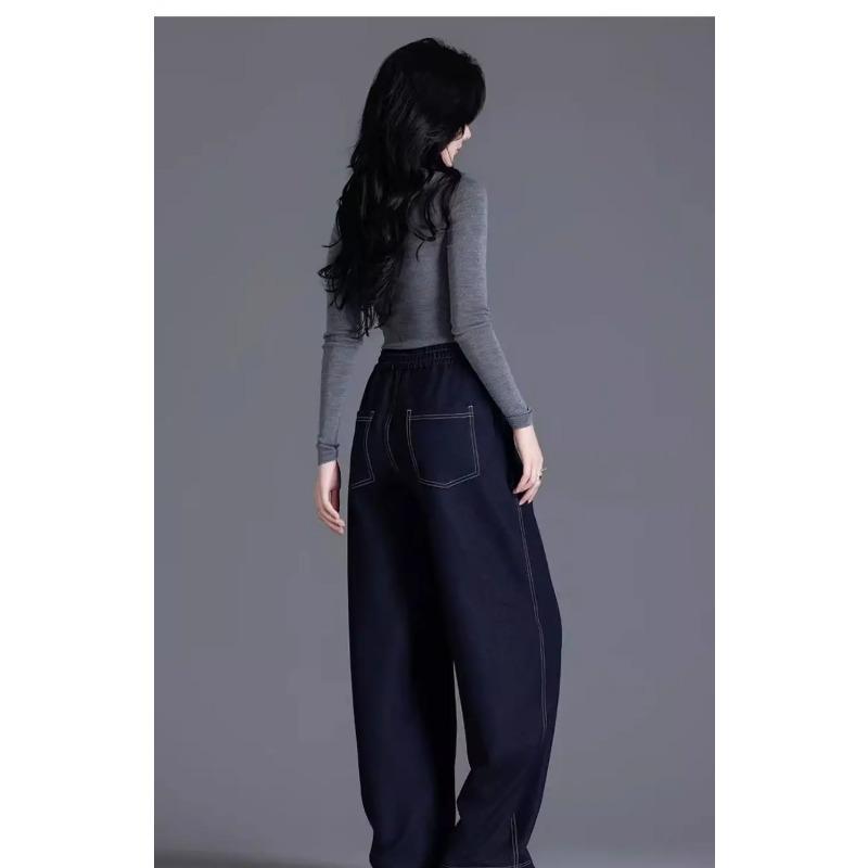 Elastic Waist Wide Leg Jeans Women's Spring Autumn Loose High Waist Sickle Shaped Knife Pants Casual Denim Pant