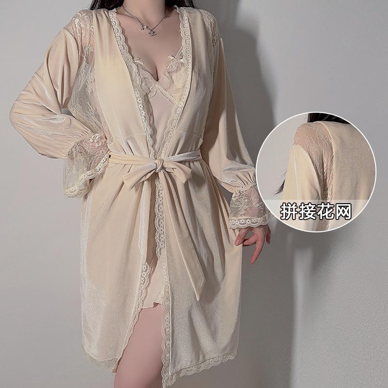 Women's French Velvet Lace Push Up Removable Pads Sleep Dress with Robe Lounge Set