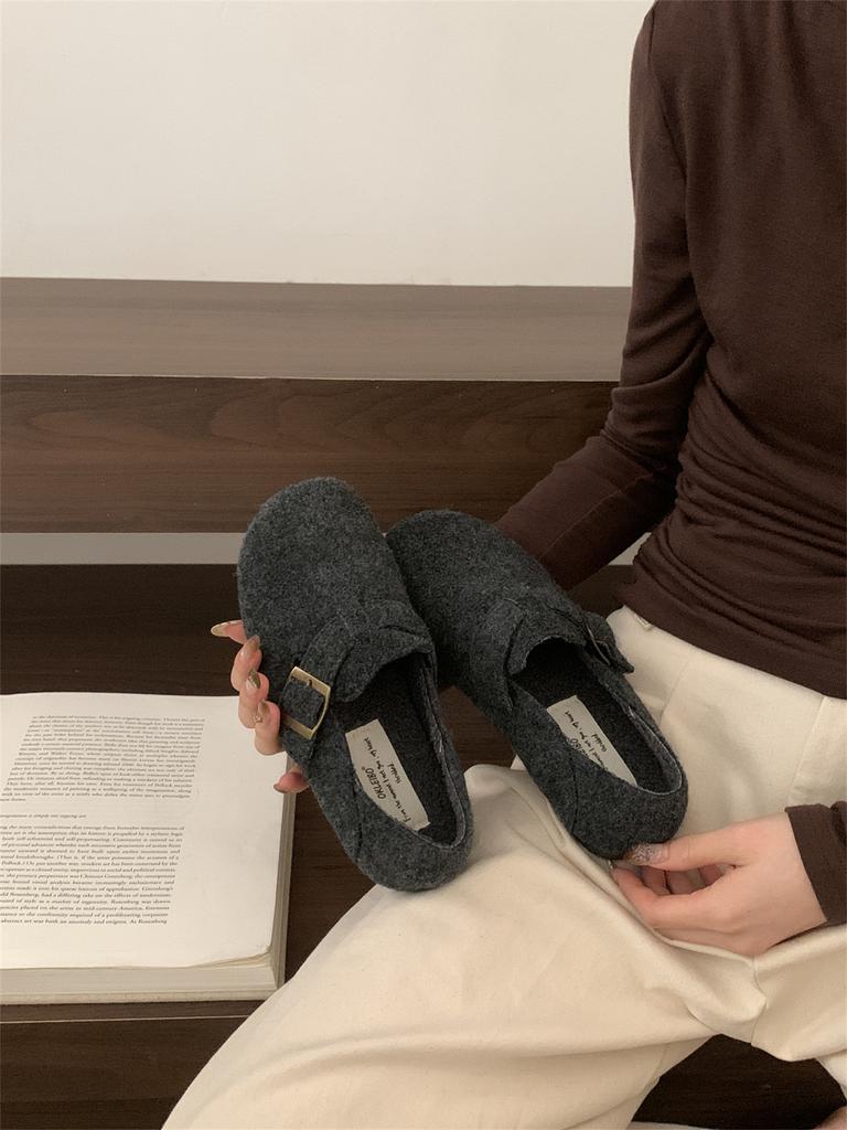 Retro Round Head Wool Woolen Velvet Birkenstocks Women's Winter Lazy People Pedal Thermal Cotton Ladyshoes Ugly Cute Big Head Shoes