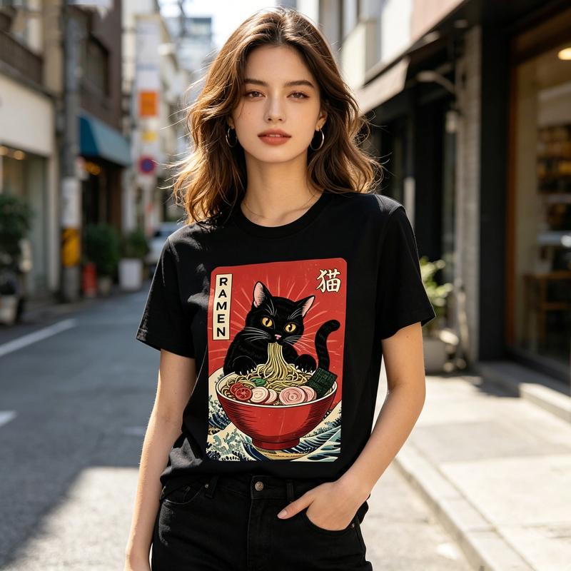 Retro RaUnisex Cat Graphic Tee Japanese Ukiyoe Style Print Unisex Unisex Cotton Short Sleeve Casual Gift T Shirt