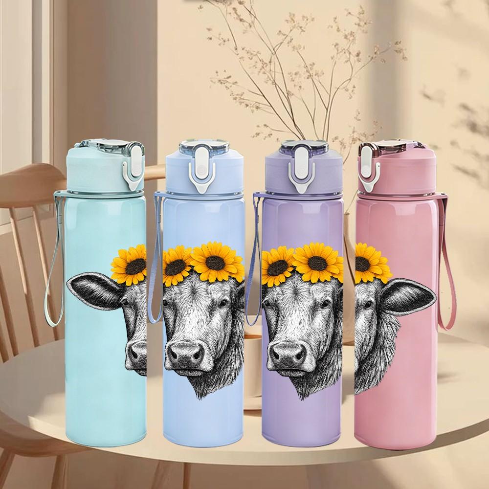 1PC Cow Head Sunflower Design 750ml Color Plastic Sports Water Bottle Leakproof Flip Straw Lid Suitable for Sports Office Home Use