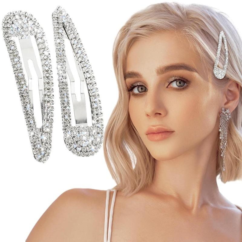 2pcs Rhinestone Metal Snap Hair Clips, Shiny Crystal Duckbill Clips, Fashion Bangs & Broken Hair Barrettes, Perfect for Party & Valentine's Day