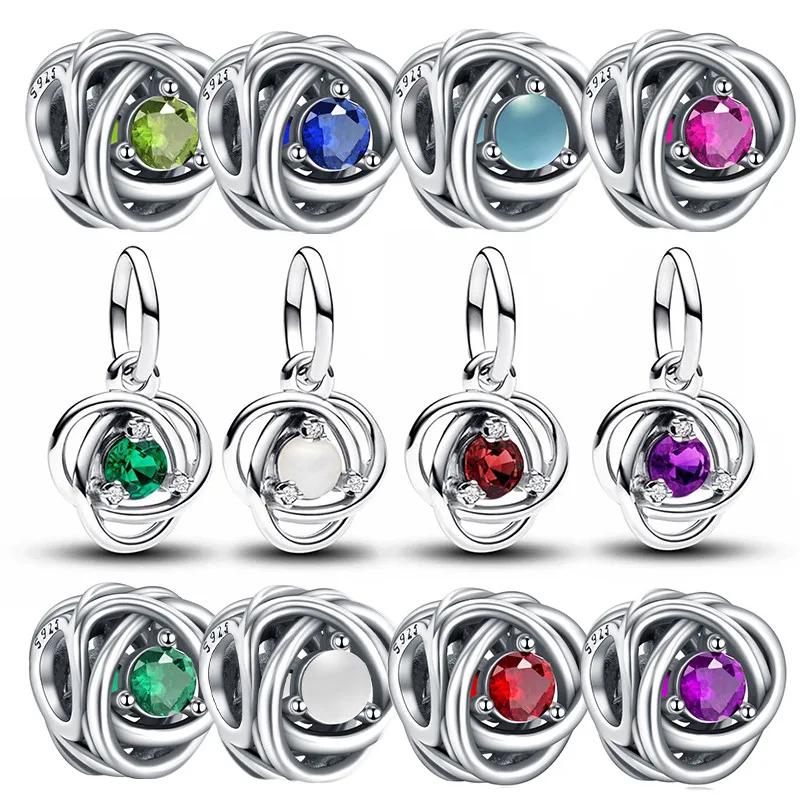 Silver S925 Twelve Month Birthstone Heart Eternity Charms Beads Pendant Fit Original Bracelet for Women DIY Fine Jewelry