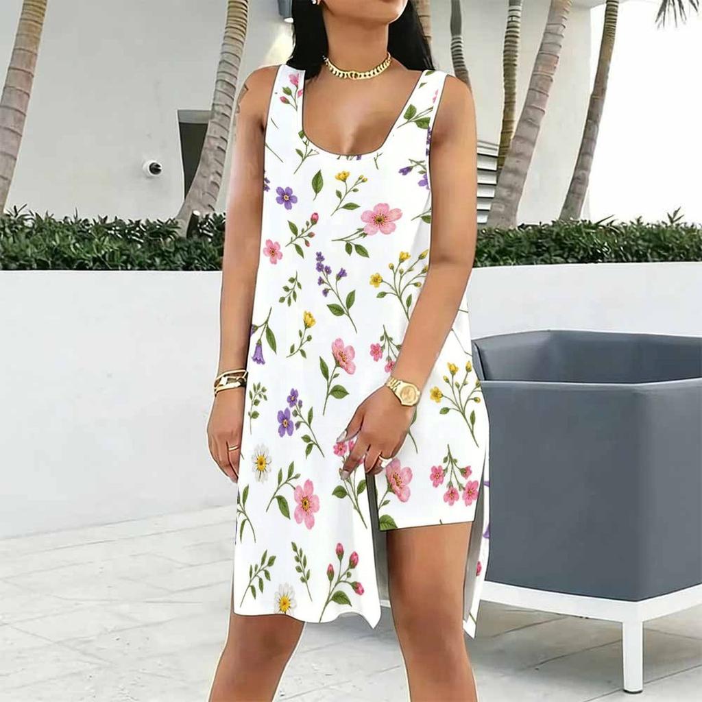 Women Plus Size Scoop Neck Sleeveless Ginkgo Leaf Printed Side Slit Tank Dress And Shorts Two Piece Set