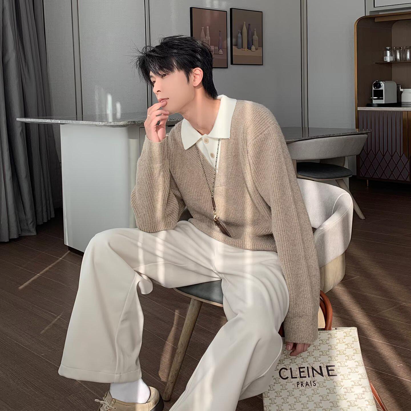 Unisex Retro Style Two-Piece Look Knit Sweater - Winter Soft Lapel Top 3XL хаки