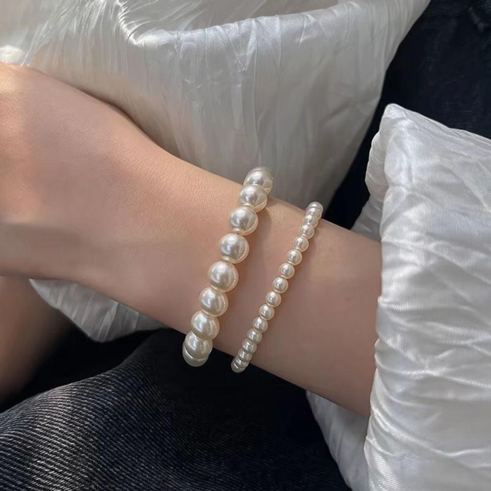 Baroque Pearls Bracelet White Wide Bangle Unique Elastic Bracelet  Girl