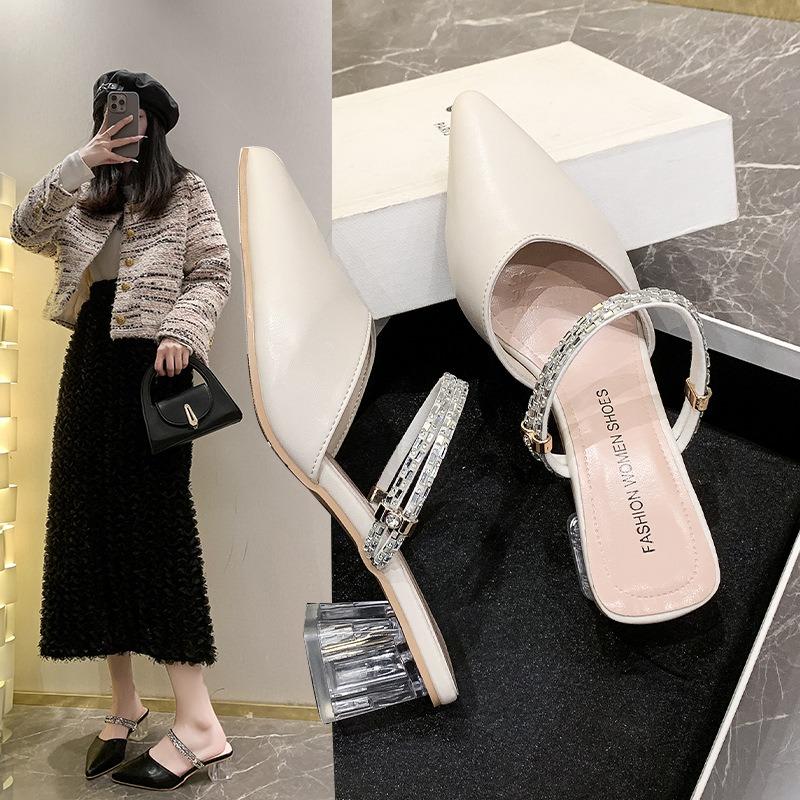 Fashion pointed high heel cool slippers women's summer new thick heel rhinestone two wear sandals lady bag head half slippers