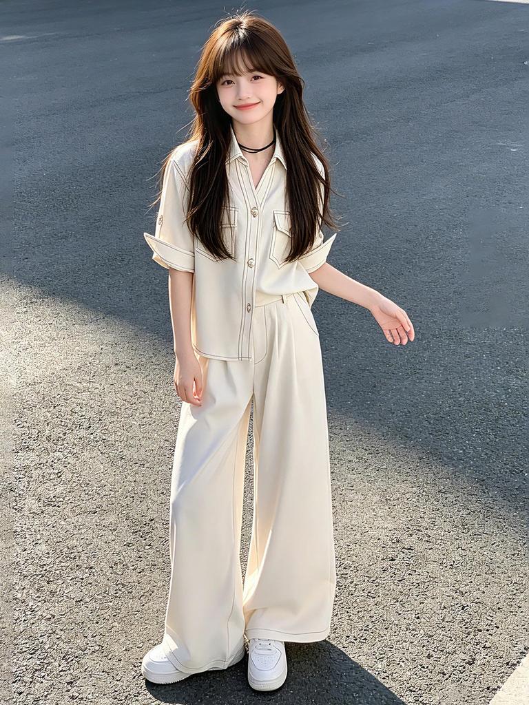 2026 New Girls' Korean Style Suit Set: Mid-Sleeve Shirt & Wide-Leg Pants for Summer