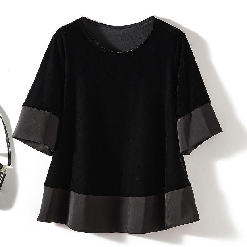 

European Goods Times Popular! Women s round Neck Multicolor Gold Velvet Mid-Sleeve T-shirt Autumn and Winter Loose Base Shirt Elegant Black L