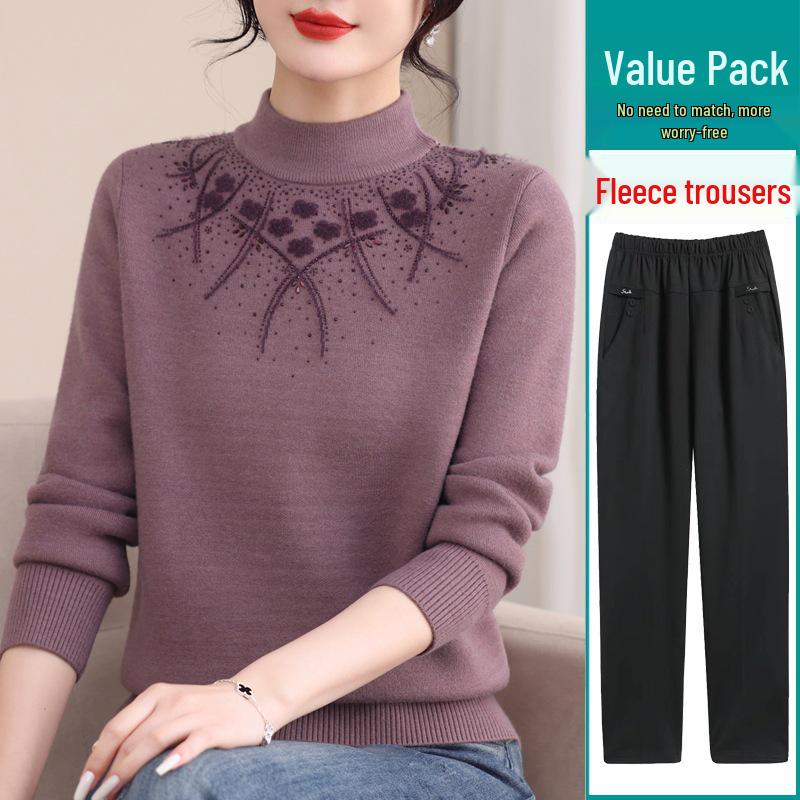 Mom's Fashionable Winter Fleece Sweater for Middle-Aged & Elderly Women: Plus Velvet, Thickened, Warm Base Layer Top