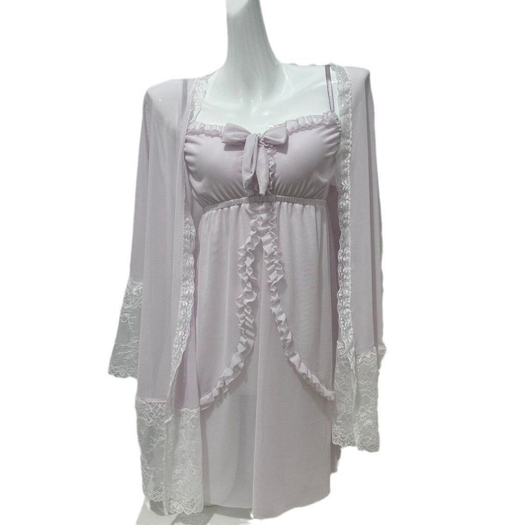 Elegant Sweet Simple Women Robe Gown Sets Chic Lace Bow Sleepwear Breathable Slim Nightdress