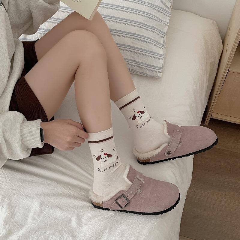 Autumn and Winter Trendy Color-blocking Women's Mid-calf Socks, Cute Cartoon Puppy Socks, Pure Cotton Versatile Lace Women's Socks