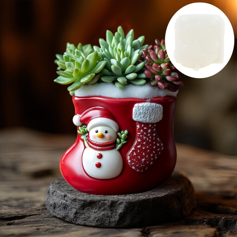 Christmas Stocking Snowman Relief Succulent Plant Flower Pot Resin Silicone Mold Long Tube Stocking Candle Cup Gypsum Molds Gift