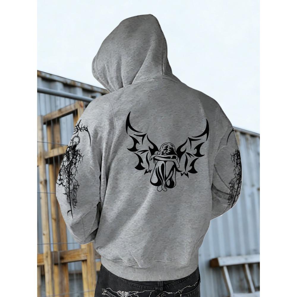 Autumn Winter Trendy Men's Vintage Streetwear Hooded Sweatshirt with Gothic Design, Featuring Demon Wings and Thorns Print on the Back