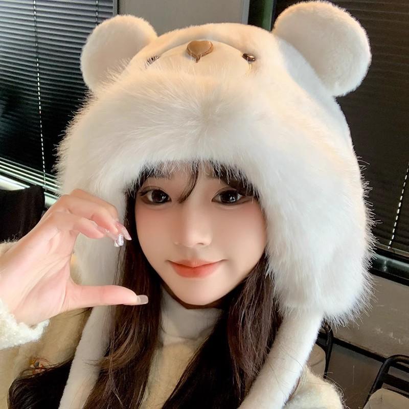 Plush Bear Ears Hat Female Autumn and Winter Thickened Warm Ear Protection Pullover Hat Cute Cycling Cute