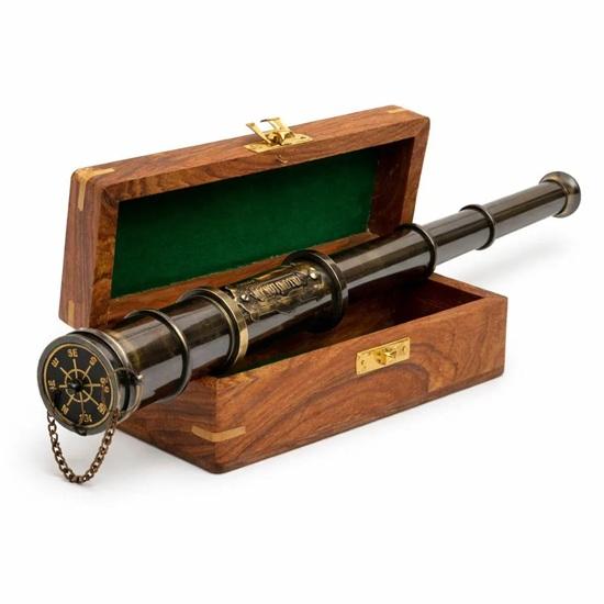 Ręcznie wykonany mosiężny teleskop luneta Steampunk Piracki celownik z drewnianym pudełkiem