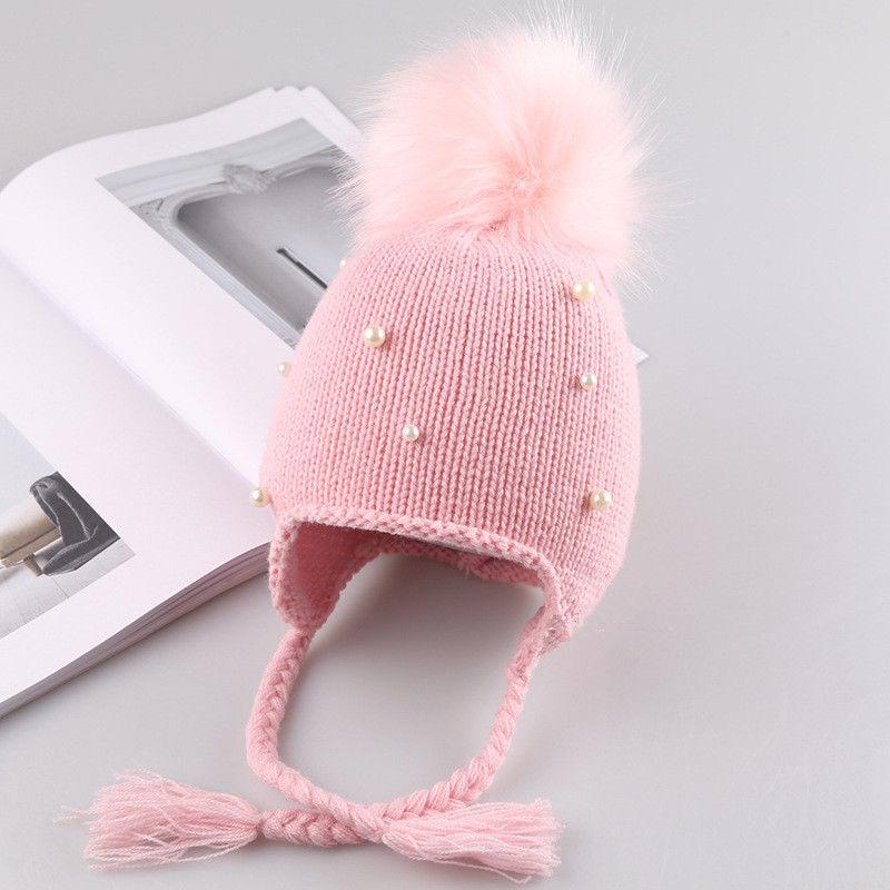 Winter Warm Newborn Infant Kids Hats Baby Girls Hats Hair Ball Earbud Pearl Crochet Hats Boys Warm Knit Caps For Girls Hats