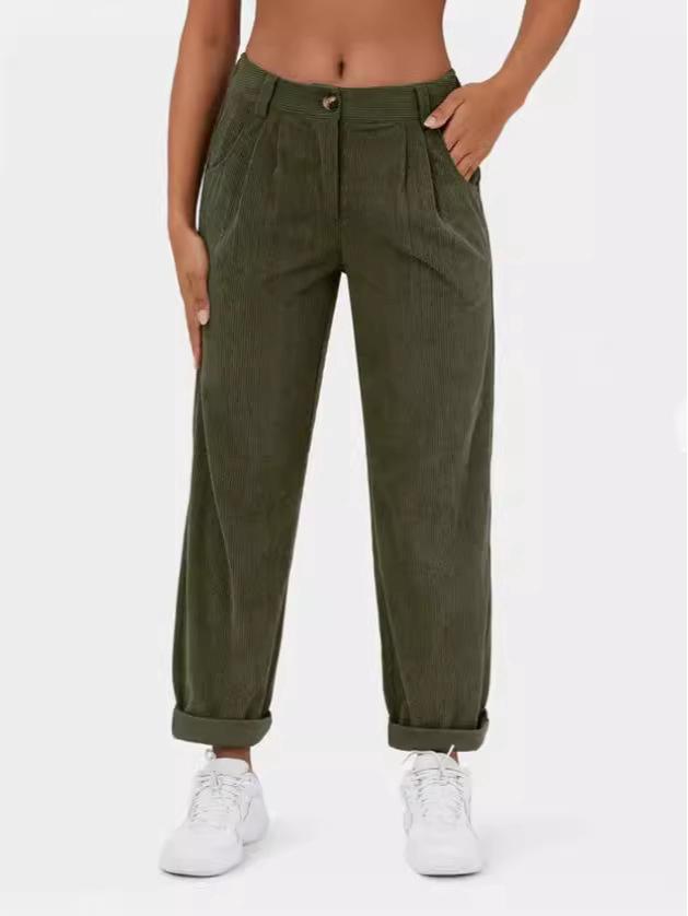 2024 Dámské ležérní manšestrové kalhoty s vysokým pasem - Jednobarevné, volný střih, rovná nohavice