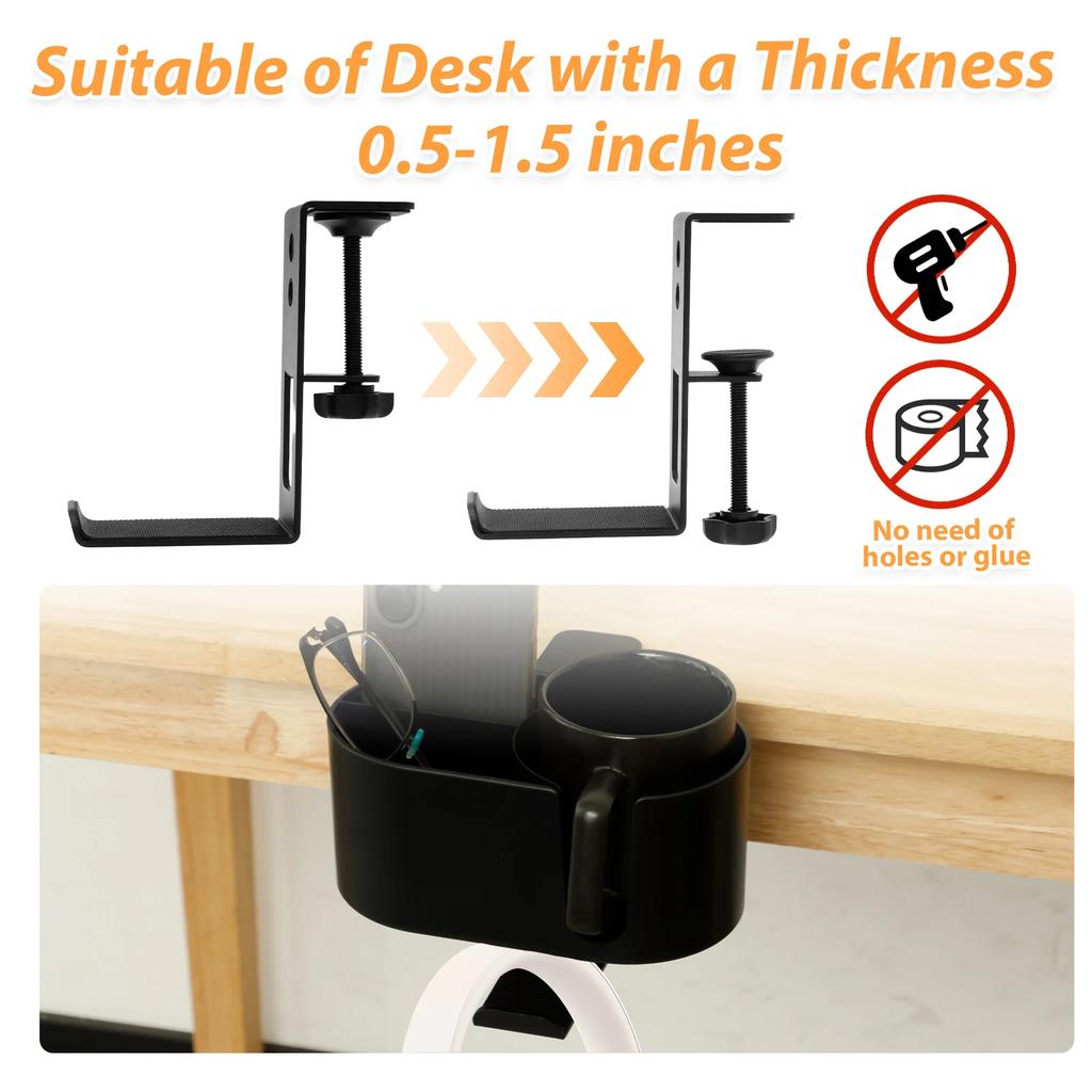 4 in 1 Desk Cup Holder Clamp on Under Desk Headphone Hanger Versatile Easy to Install Cup Holder for Coffee Mugs Water Bottles