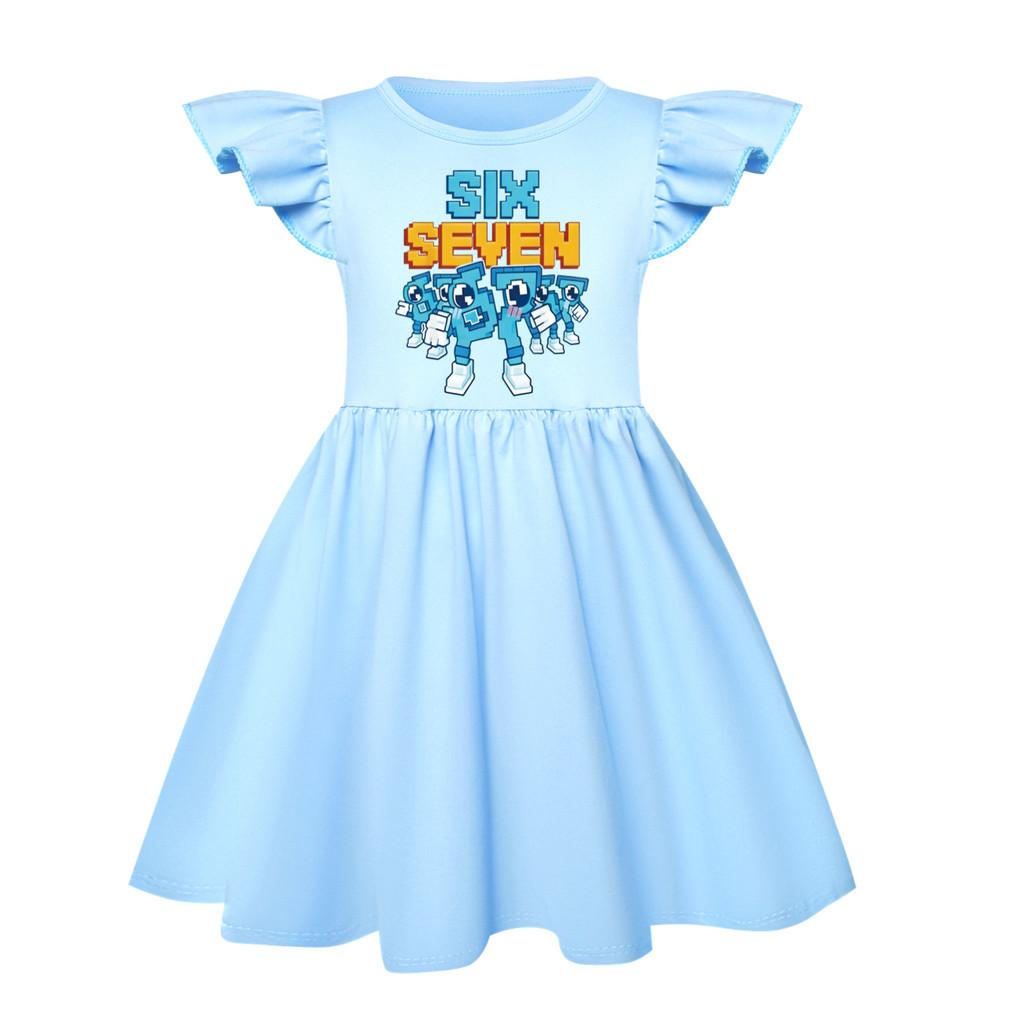 5195 Kids Girls Steal a Brainrot 67 Six Seven Printed Ruffle Short Sleeves Casual Dress