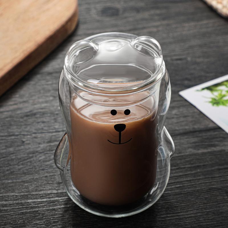 300ml Kreativer Bär Doppelbecher Personalisierte Kaffeetasse mit Deckel Transparente Glas Kaffeetasse Niedliche Cartoon Bernstein Bär Tassen