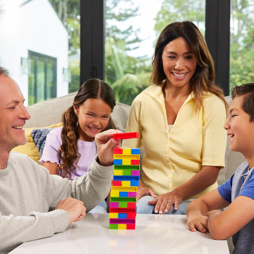 Mattel Games UNO Stacko Balance Block Stacking Game - Family Party Game, 2-10 Players, Ages 7+, Red, JGT89