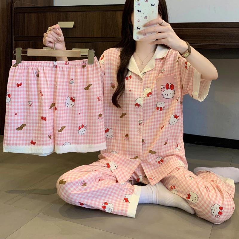 Cloud Cotton Pajamas Women'S Summer Sweet Girl Soft Short-Sleeved Three-Piece High-Value Cartoon Loungewear