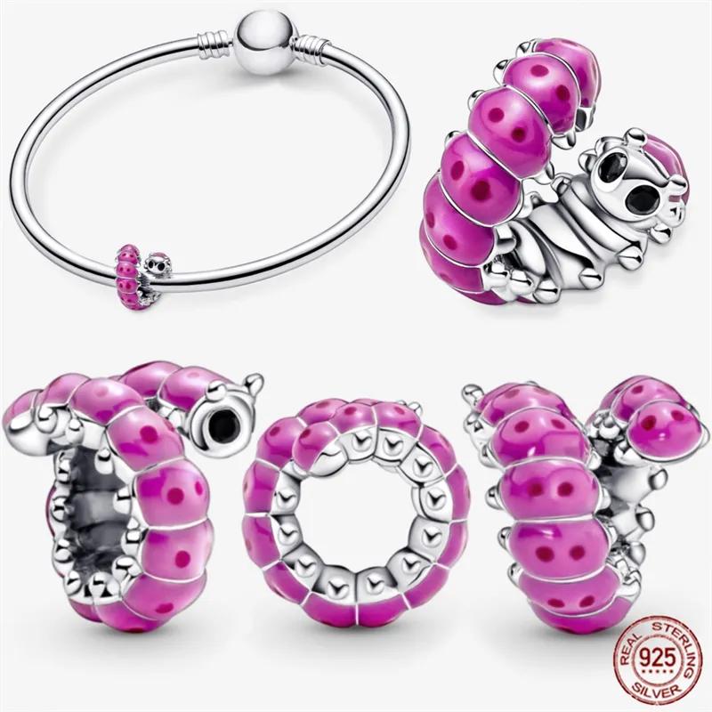 

925 Sterling Silver Fit Bracelet Cute Curled Caterpillar Charm Bead DIY Jewelry