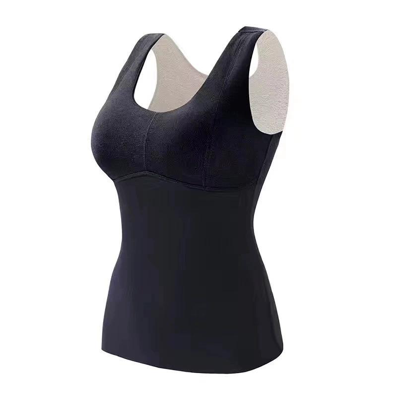 Winter Women Thermal Vest with Chest Pads Seamless Velvet Fast Temperature Lock Heating V Neck Slim Fit Elastic Sleeveless Inner Wear Bottoming Tank