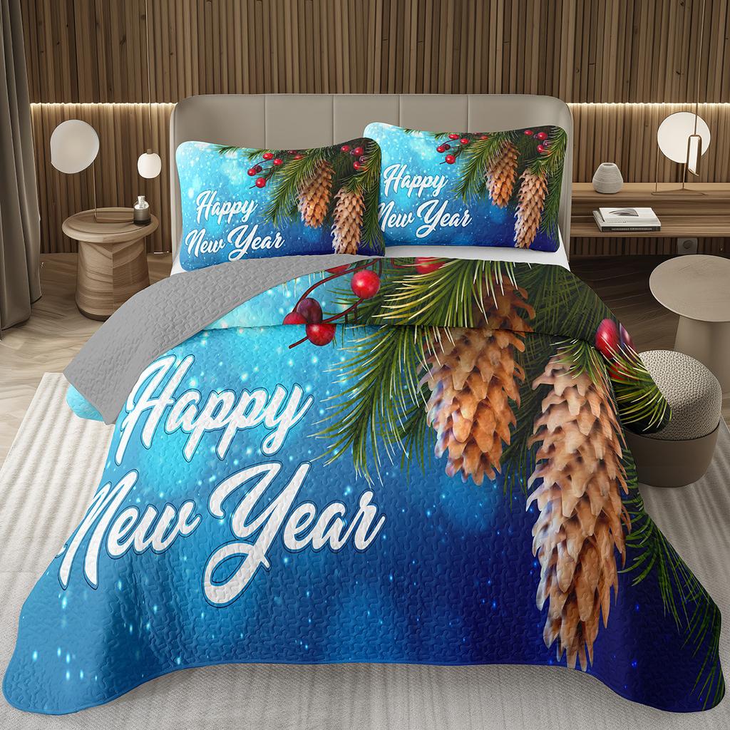 Christmas Bedspread Queen/Full Xmas Tree Quilted Coverlet for Boys Girls,Cartoon Festival Theme Quilt Set Happy New Year Bedding