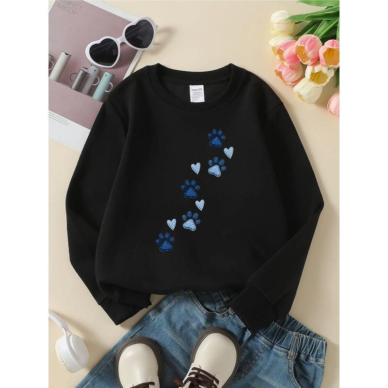 Kids Crewneck Sweatshirt, Paw Prints & Hearts Graphic Print, Spring Autumn Casual Sport Tops
