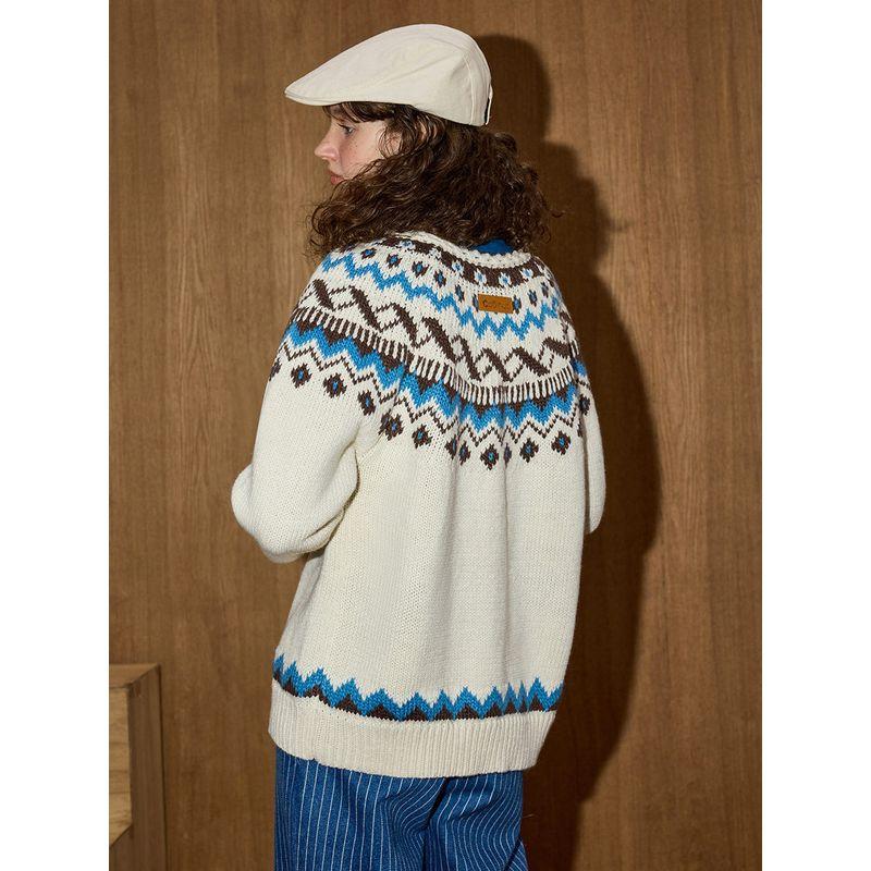 Coolhut Beige Atmosphere-Feeling Fair Isle Color-Blocked Jacquard Lazy Cardigan Versatile New Winter Women's Sweater