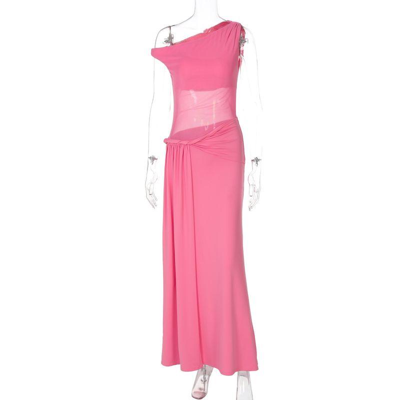 

European and American Women s Clothing 2025 Summer New Fashion Sexy Slim Fit Waist-Controlled Slimming Mesh Diagonal Collar Dress Women Pink L