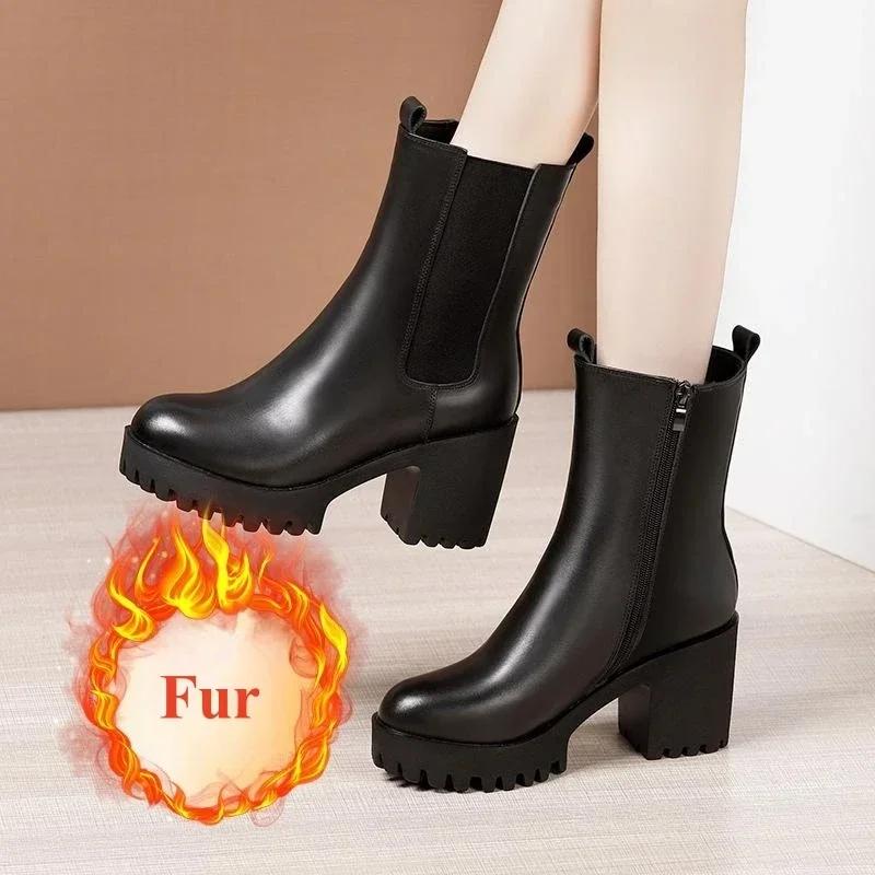 

8 см Маленький размер 32-43 Элегантные туфли на высоком блочном каблуке Ботинки из натуральной кожи Зима 2025 Женские ботинки на толстой подошве и платформе для снега 36