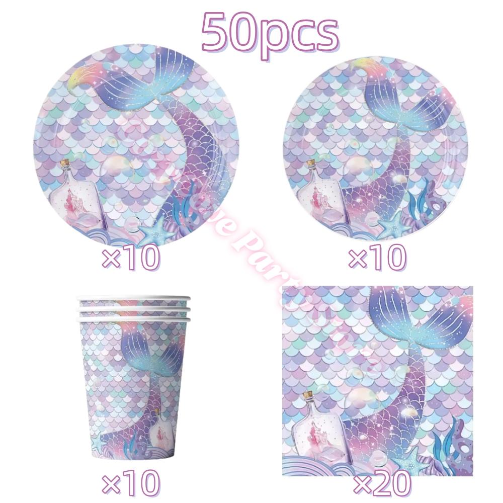 Mermaid Birthday Party Decoration Tableware Set Gradient Mermaid Plates Cups Napkins Balloons For Kids Girls Party Favors Gifts