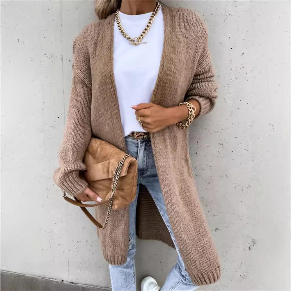 Neuer einfarbiger mittellanger Strick-Cardigan-Pullover für Damen im Herbst und Winter