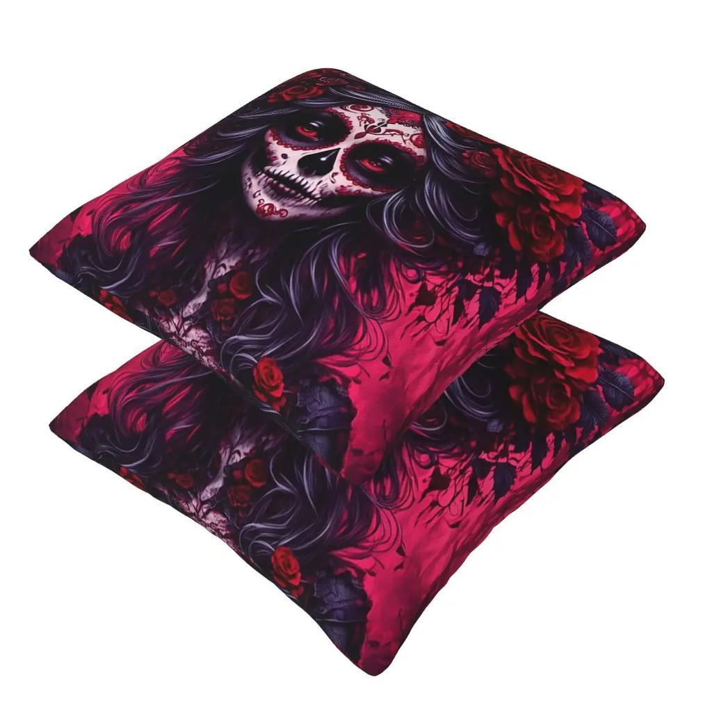 Mexican Catrina Girl Day Of The Dead Sugar Skull 2 Pcs Square Pillowcase Pillow Cover Cushion Comfort Throw Pillow For Home Car