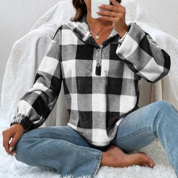 Autumn and Winter Women's Fashion Flannel Plaid Half Open Collar Nail Buckle Hooded Plush Sweater
