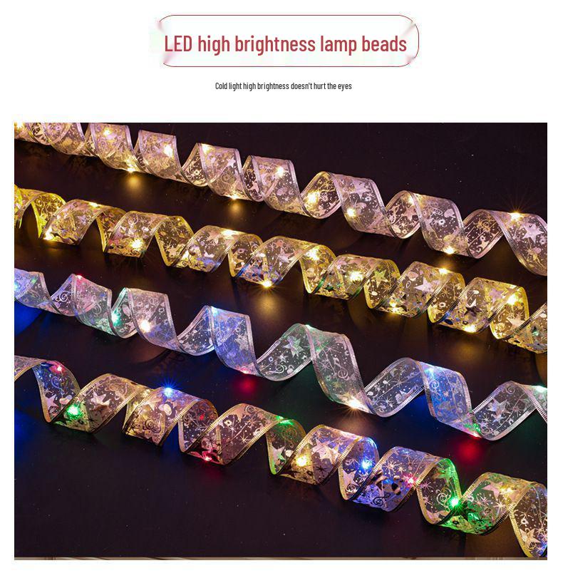 Holiday Ribbon LED String Lights & Tree Ornaments - Set of Christmas Balls and Light Strip 